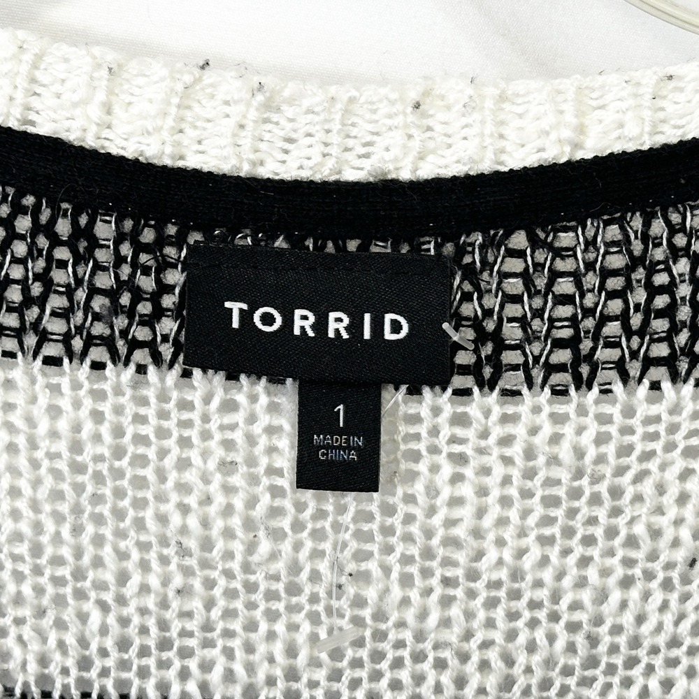 Torrid Plus Sz 1X Long Cardigan Black White Striped Open Sweater Knit Fall 1300 - Picture 7 of 8